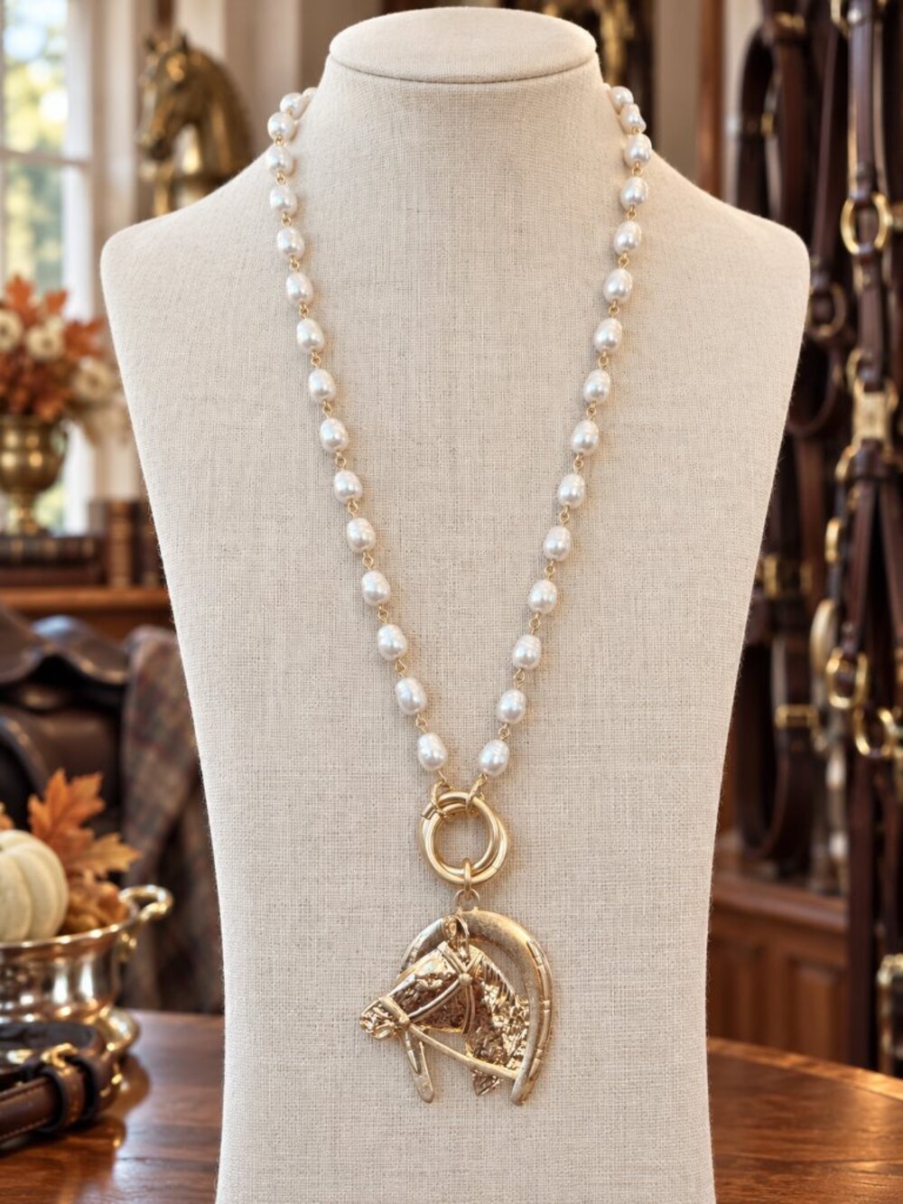 Pearl Horse Head Necklace, Gold Equestrian Pendant Necklace, Horseshoe Jewelry